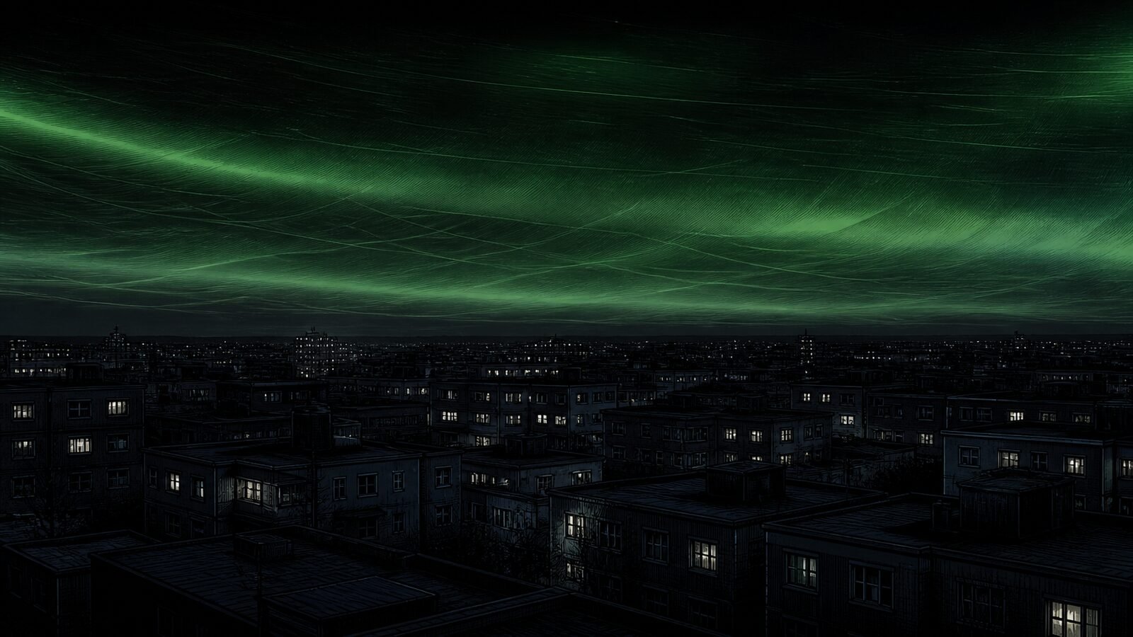 Green aurora over the institute at night—concept art for the Lambda Hearts trilogy