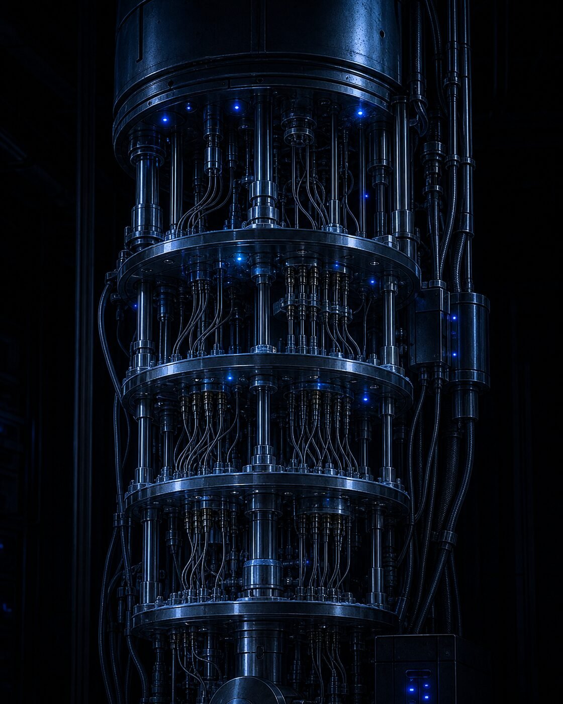 A cryostat glowing in the dark lab—concept art for the Lambda Hearts trilogy