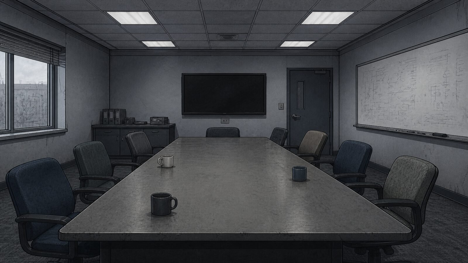 Institutional daylight in a division room—concept art for the Lambda Hearts trilogy