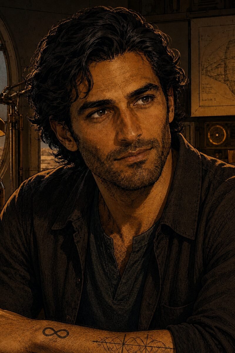 Eliot, a peer engineer in his workshop—approved portrait for the Lambda Hearts trilogy