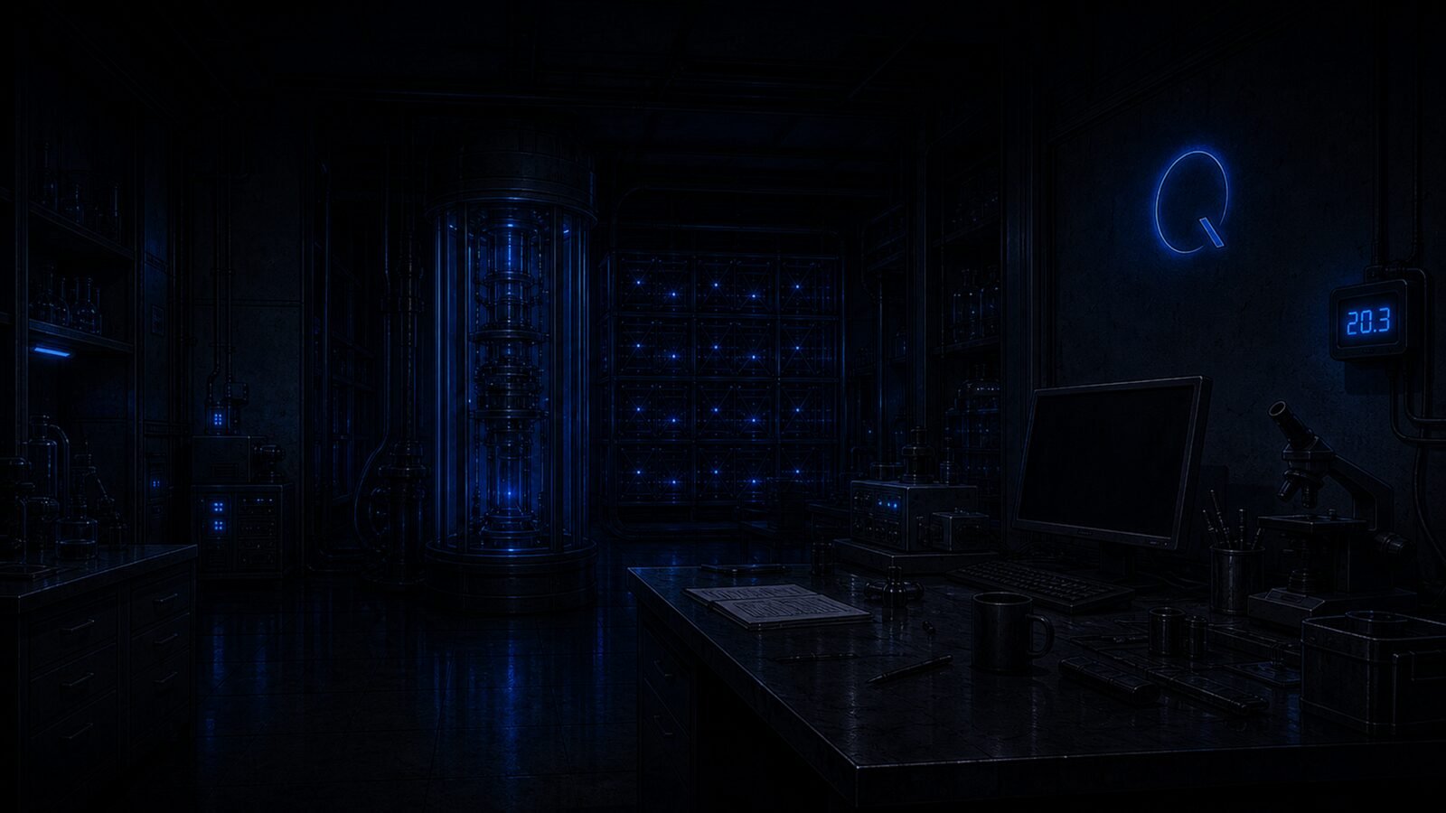 The lab at night, instruments glowing—concept art for the Lambda Hearts trilogy