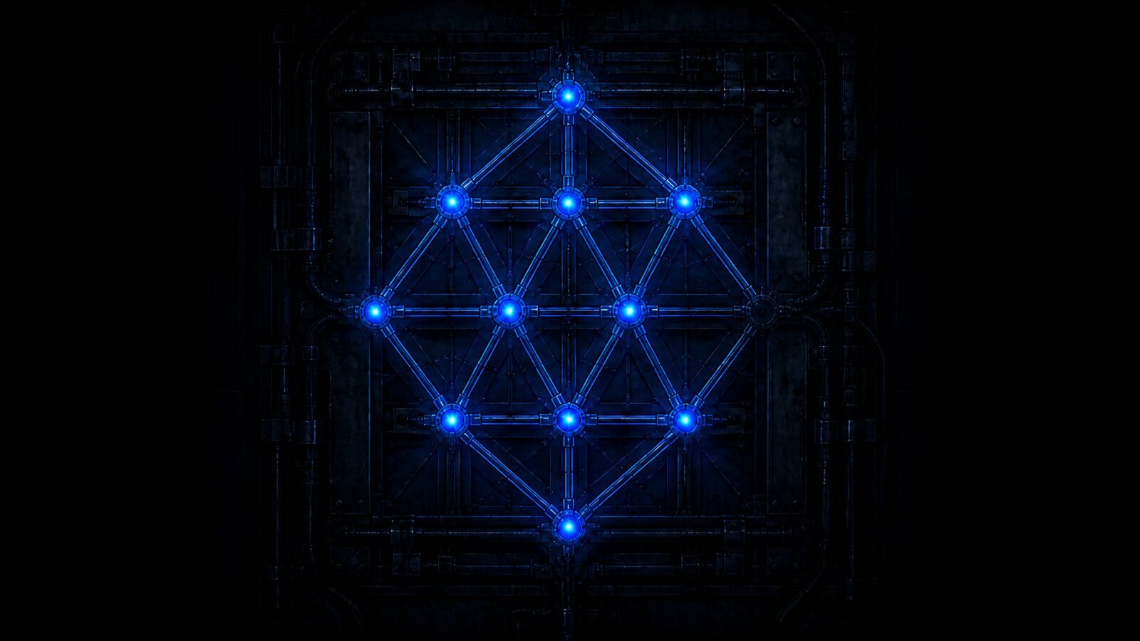 The blue lattice wall of the lab—concept art for the Lambda Hearts trilogy