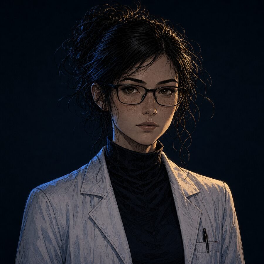 Maya in her neural band and glasses—approved master portrait for the Lambda Hearts trilogy