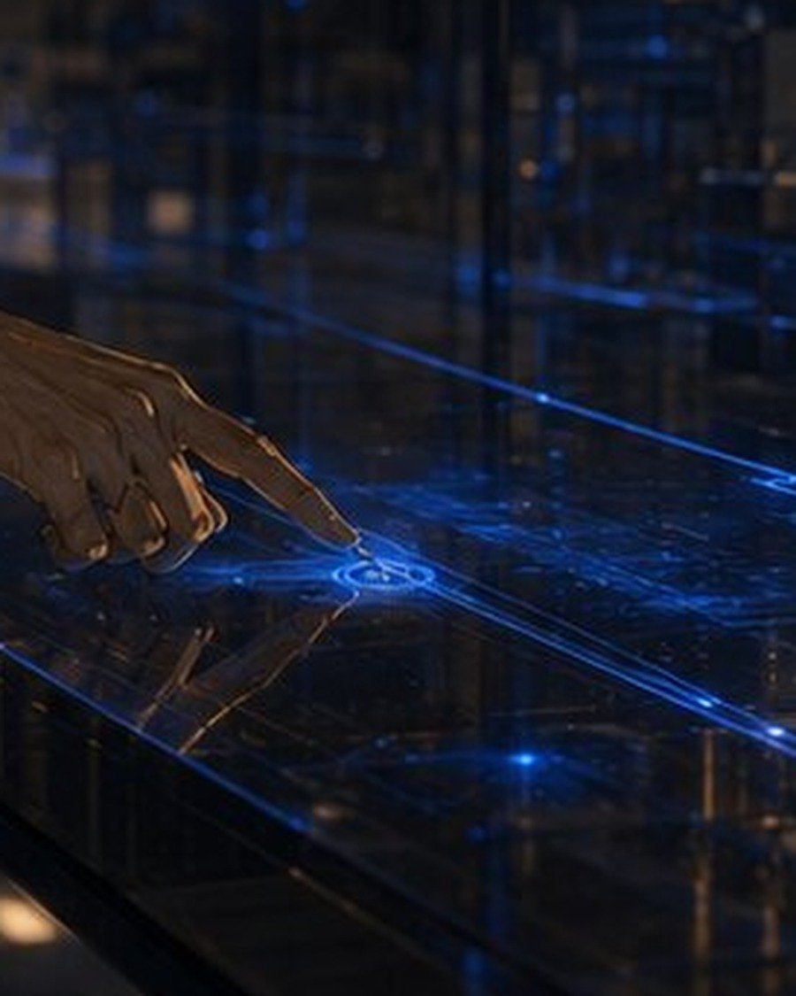 A hand touching a glowing holographic interface in a dark lab