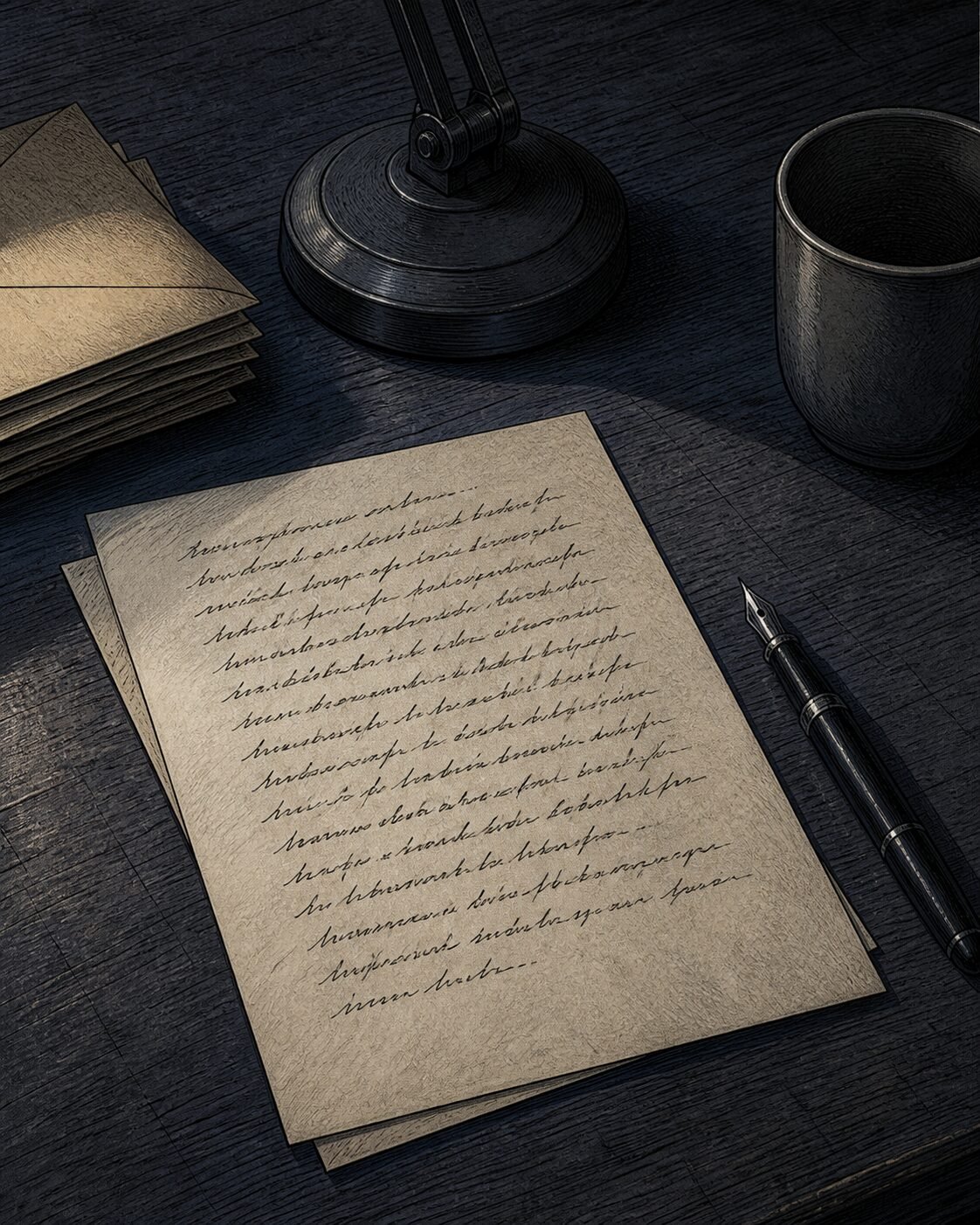 A desk with papers and a letter in quiet light—concept art for the Lambda Hearts trilogy