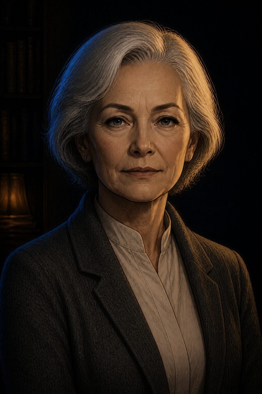 Rebecca, a scholar in a quiet study—approved master portrait for the Lambda Hearts trilogy