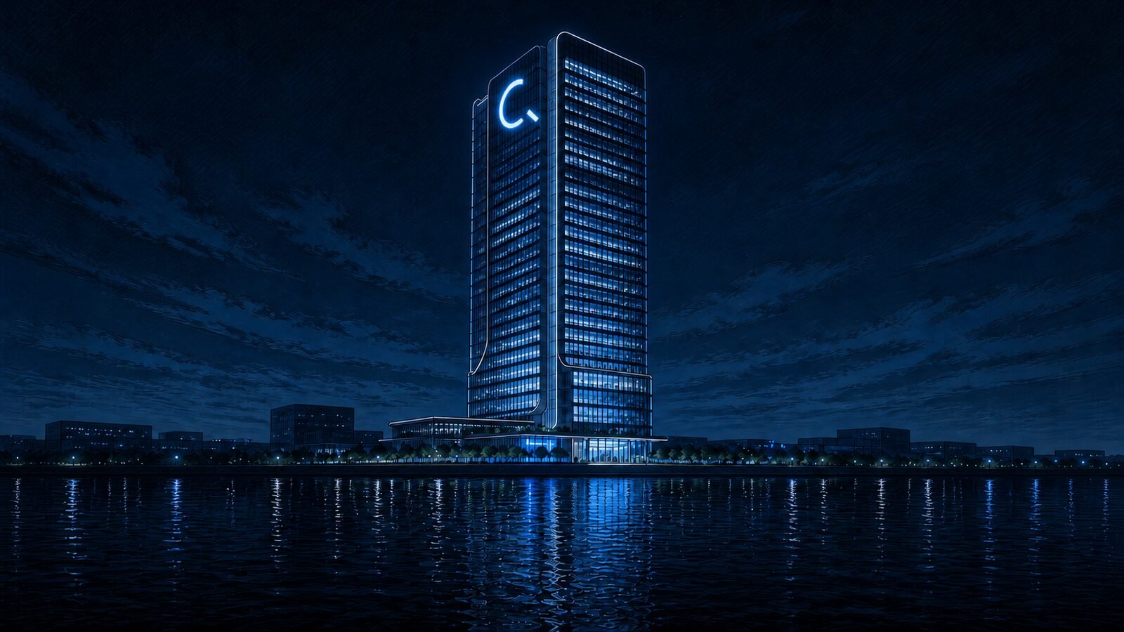 The institute tower at night, a signal in the glass—concept art for the Lambda Hearts trilogy