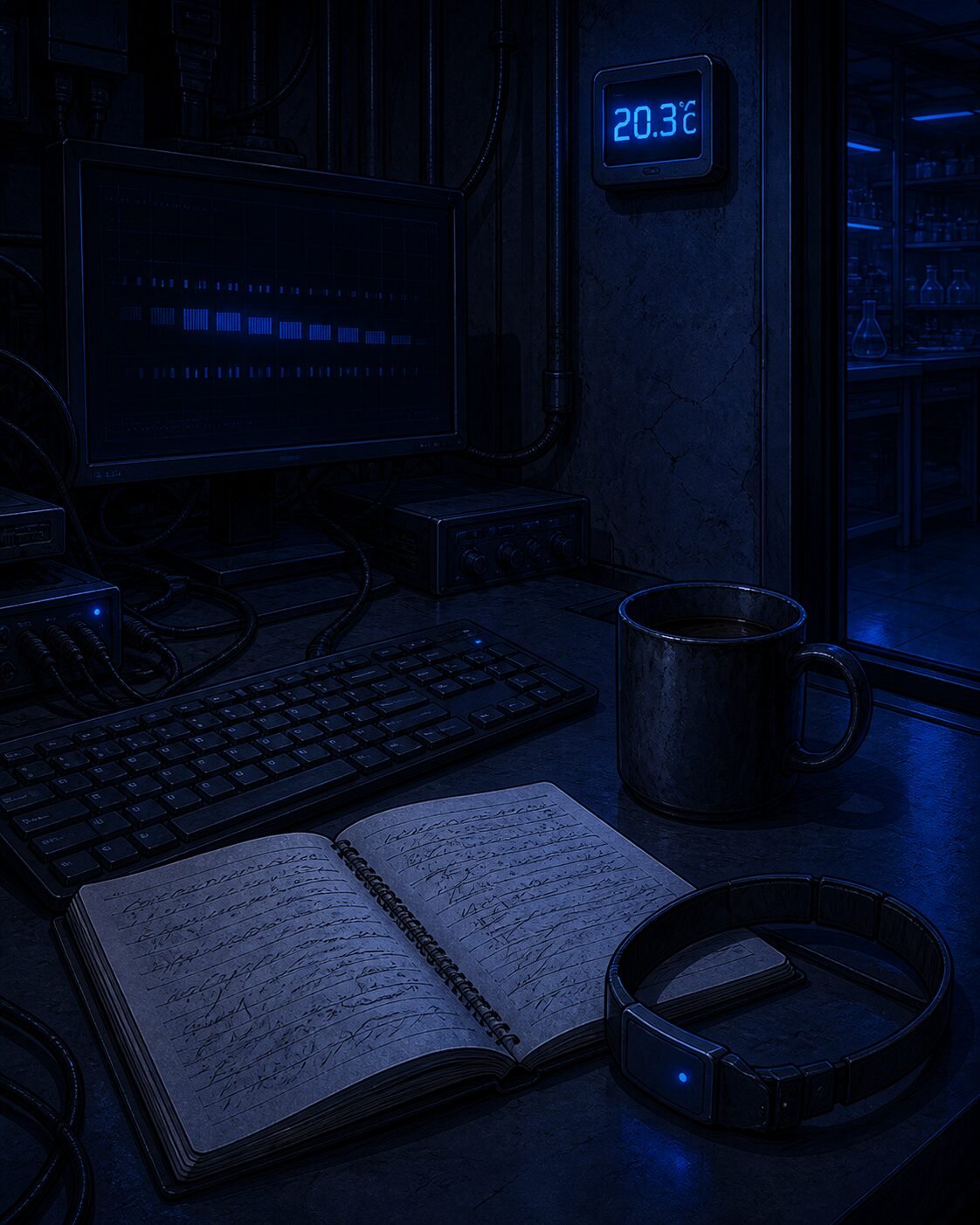 A workstation in warm light, work left mid-thought—concept art for the Lambda Hearts trilogy