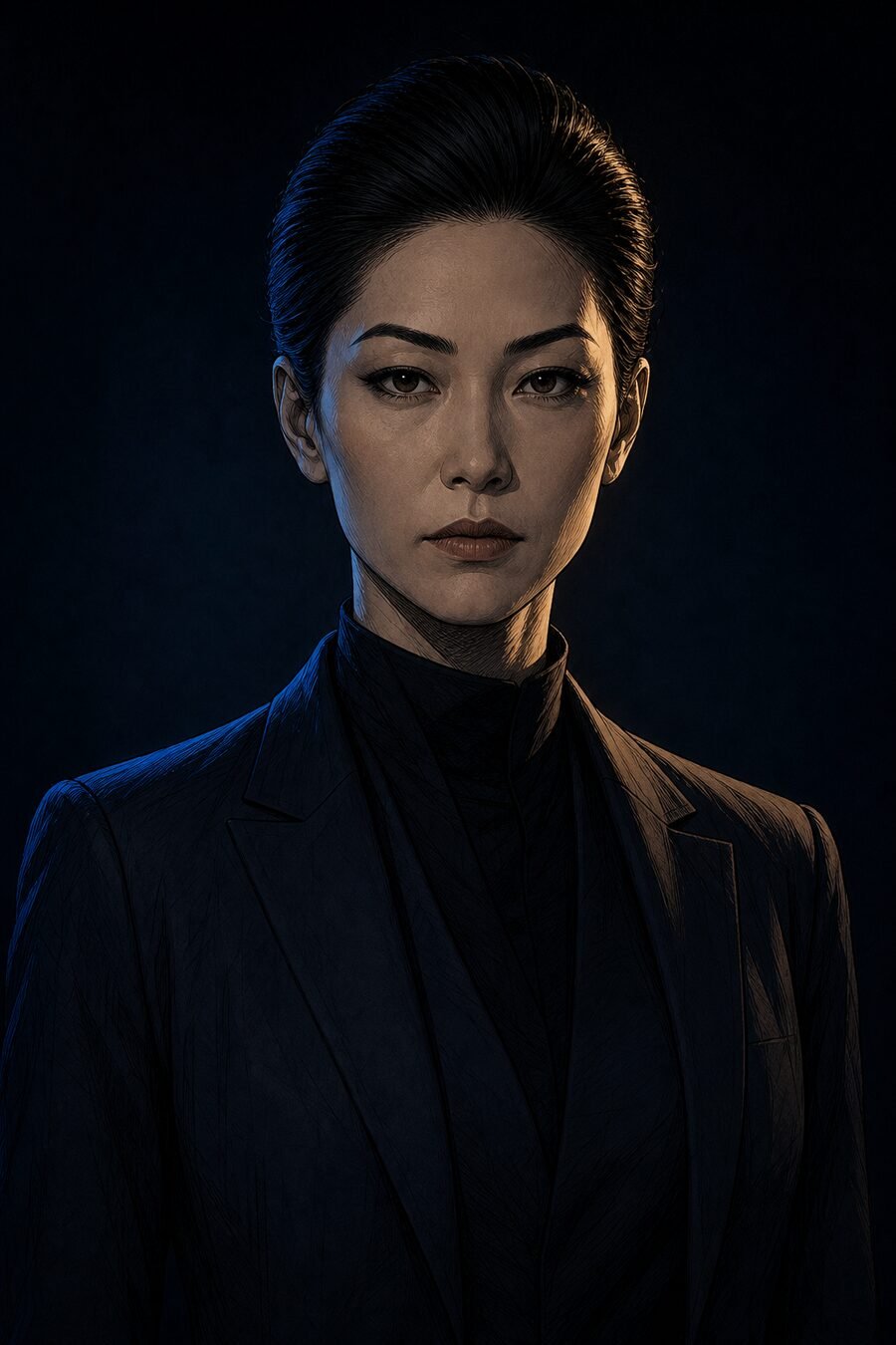Zhen in her tailored navy coat—approved master portrait for the Lambda Hearts trilogy